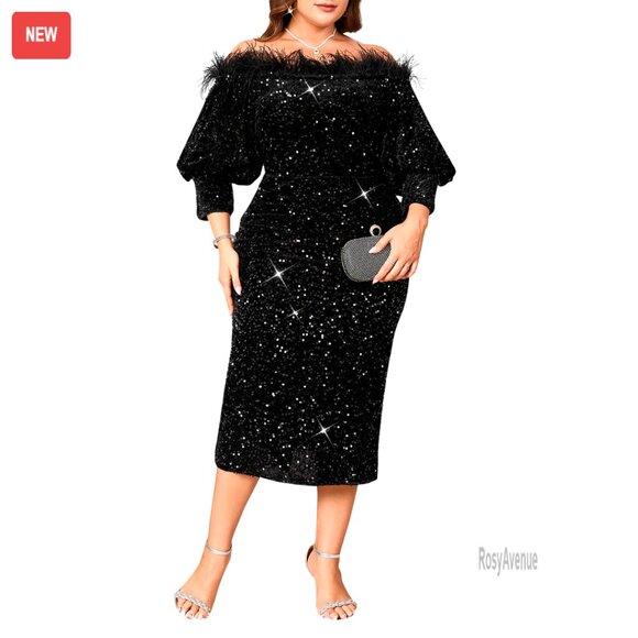 Sequin Off Shoulder Bodycon Midi Dress Formal Party Cocktail Evening Gown